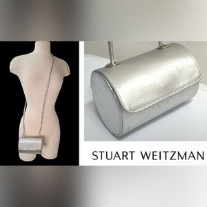 Stuart Weitzman VINTAGE Silver Satin Round Crossbody Bag with Leather Strap